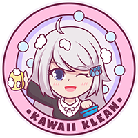 The 'Kawaii Klean' logo in pink, featuring a cheerful anime girl holding a car sponge in one hand and a bucket in the other, symbolizing the brand's fun and friendly approach to car cleaning products.