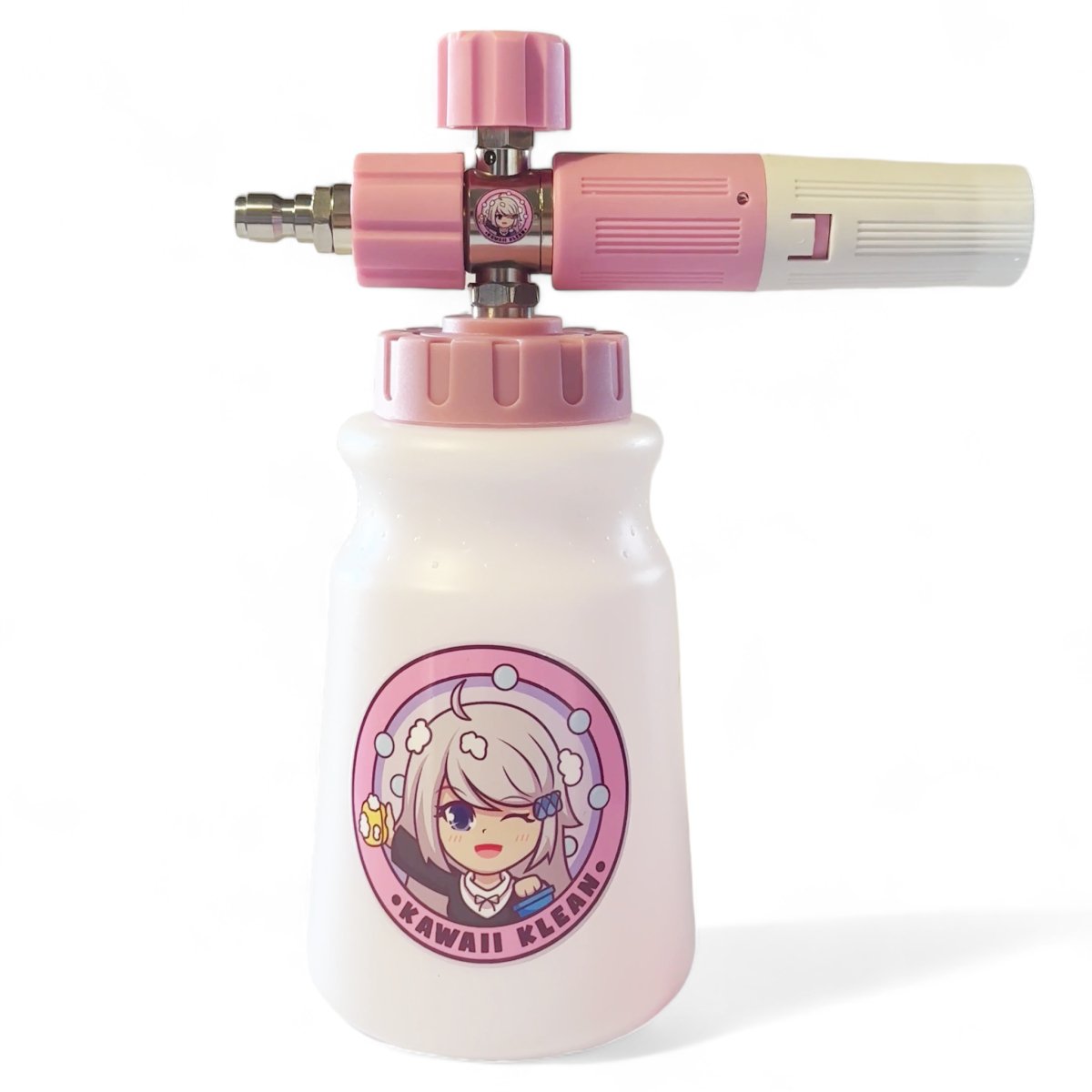 Pink foam cannon with a logo on the bottle, centered against a simple background