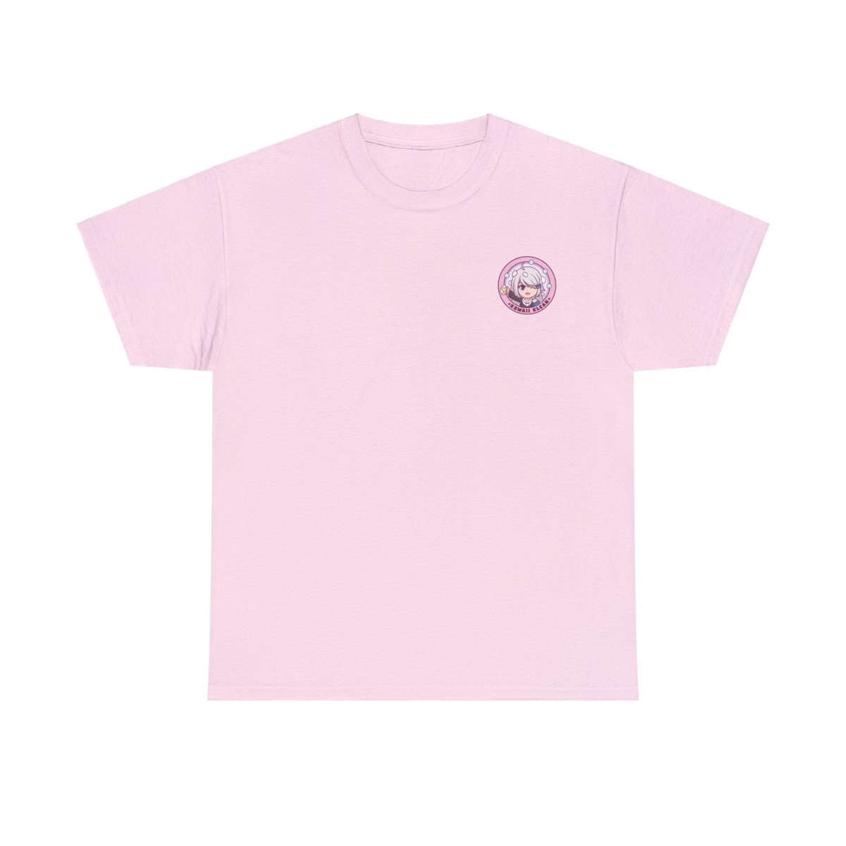 Close-up of the front of a pink T-shirt with a pink 'Kawaii Klean' logo on the left chest, focusing on the subtle yet impactful logo design on the matching background.