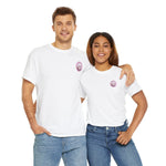 Male and female models posing together, facing the camera, wearing white T-shirts featuring a pink 'Kawaii Klean' logo on the left chest, highlighting the shirts' versatile style