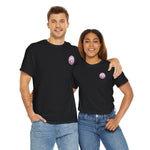 Male and female models posing together, facing the camera, dressed in black T-shirts adorned with a pink 'Kawaii Klean' logo on the left chest, emphasizing the striking contrast and bold look