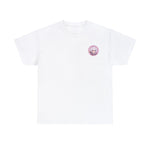 Close-up of the front of a white T-shirt with a pink 'Kawaii Klean' logo on the left chest, focusing on the minimalist yet striking logo design.