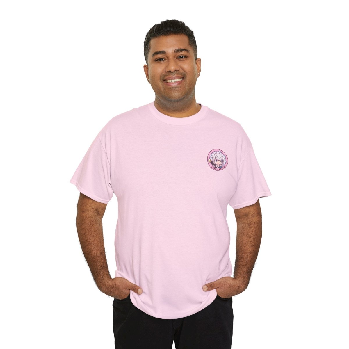Male model posing in a pink T-shirt featuring a small pink 'Kawaii Klean' logo on the left chest, highlighting the monochromatic elegance and fit.
