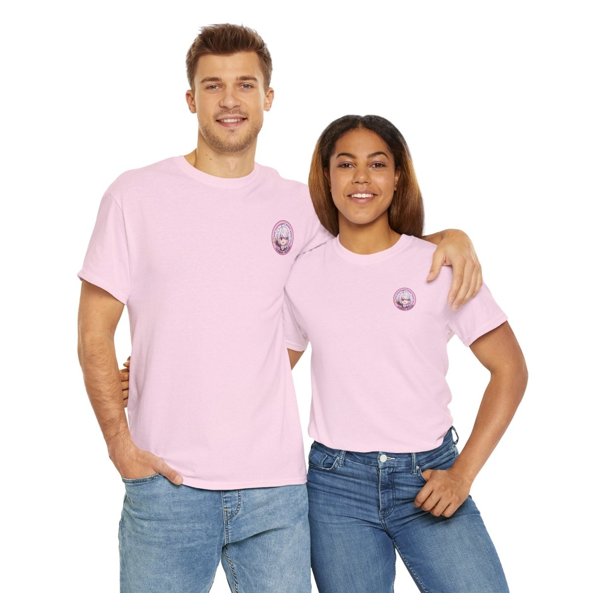 Male and female models posing together, facing the camera, in pink T-shirts with a pink 'Kawaii Klean' logo on the left chest, showcasing the monochromatic elegance and vibrant design