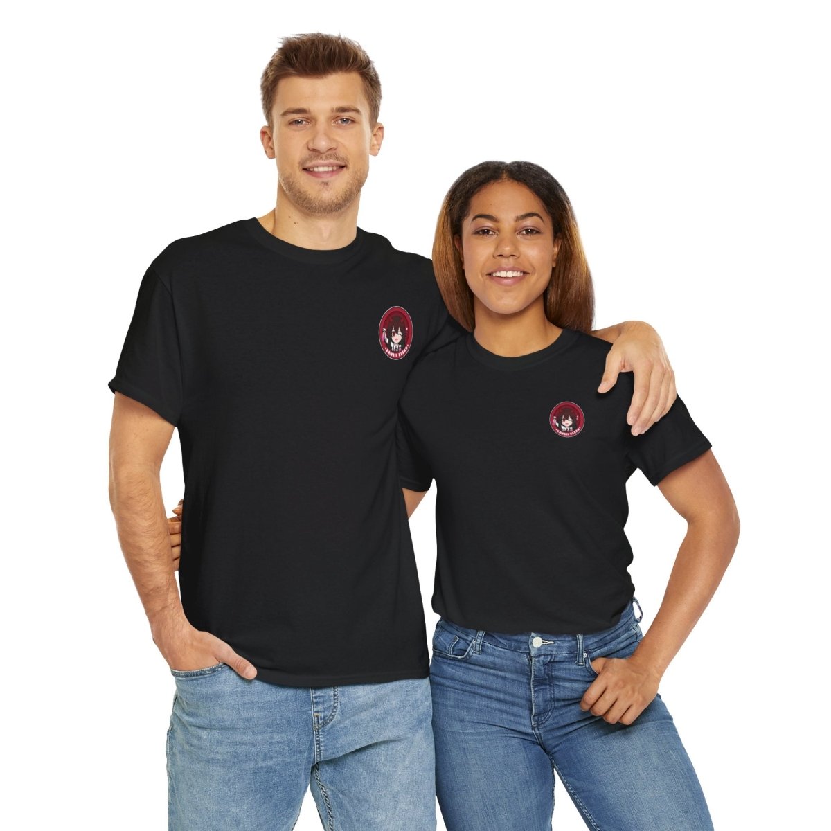 Male and female models posing together in black T-shirts adorned with a red 'Kawaii Klean' logo on the left chest, showcasing the striking contrast and versatile style.
