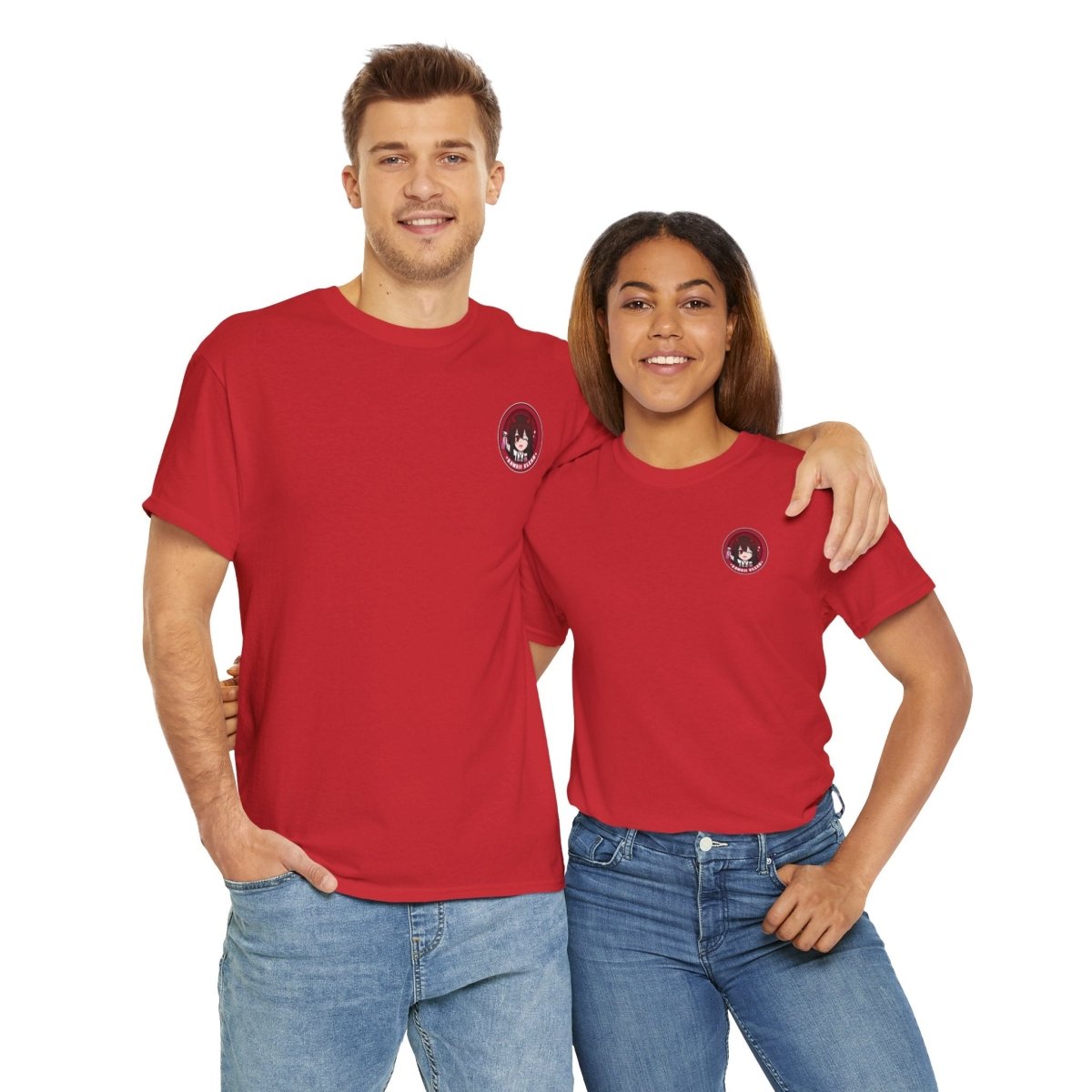 Male and female models together, showcasing red T-shirts with a matching red 'Kawaii Klean' logo on the left chest, highlighting the bold monochromatic look and brand identity.