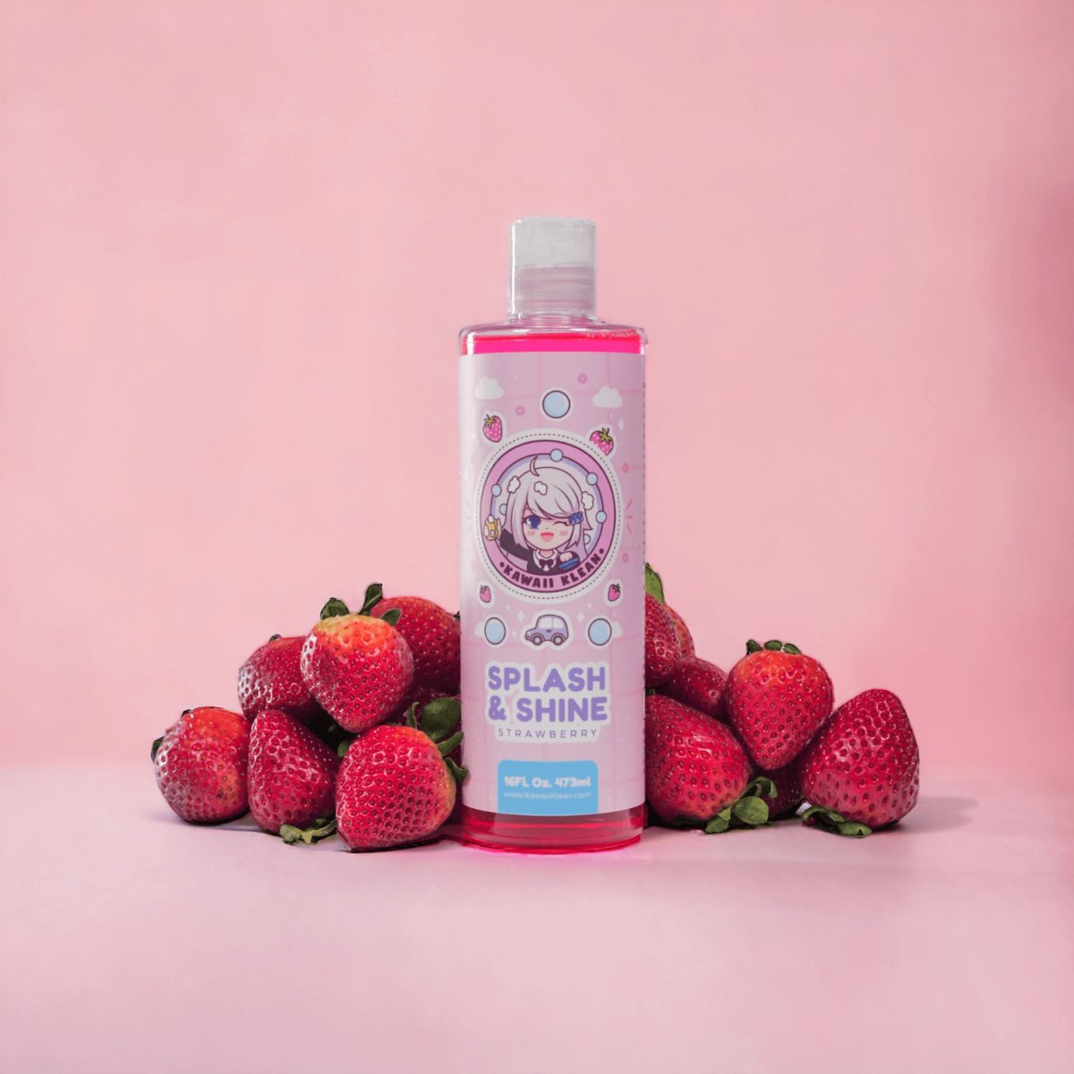 Front view of the 'Strawberry Splash and Shine' 16 oz pink car soap bottle, featuring the vibrant label, encircled by ripe strawberries, showcasing the soap's strawberry-infused formula and appeal.